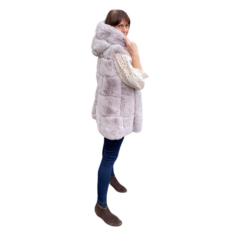 Jayley Fashion Faux Fur Long Hooded Gilet Powder Grey FMG55A-03S on model side