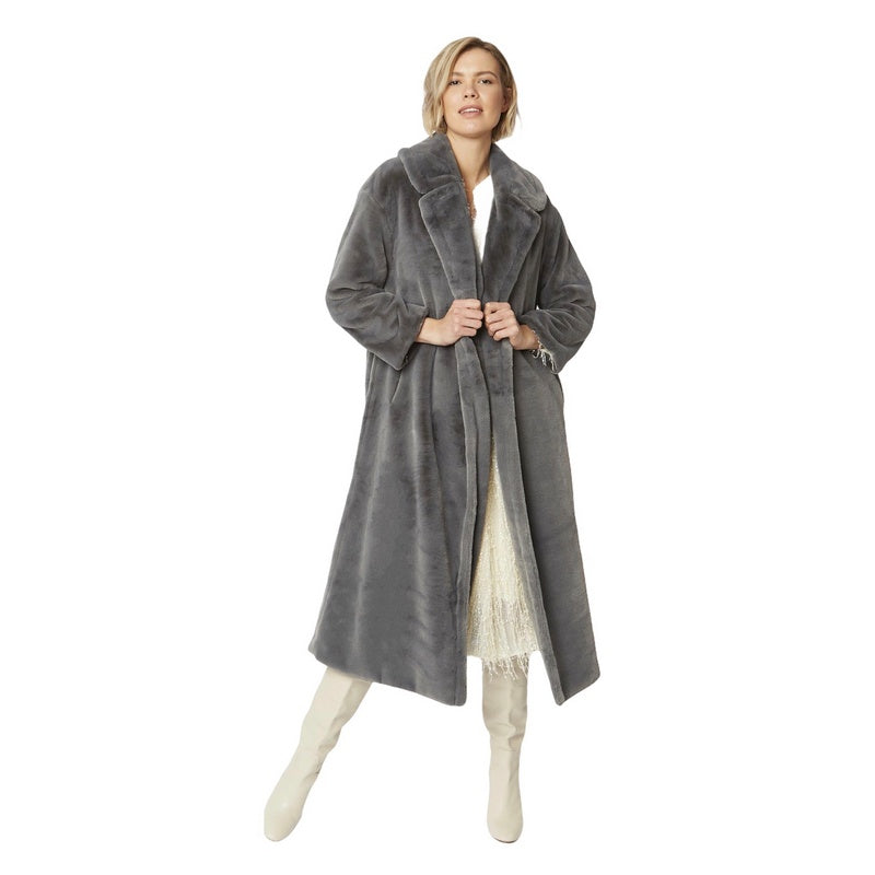 Jayley Fashion Faux Fur Maxi Coat Slate Grey FMCT59A-03 on model front