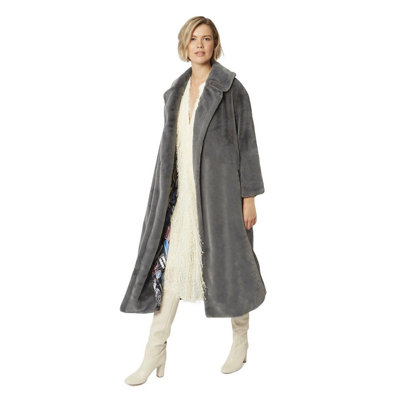 Jayley Fashion Faux Fur Maxi Coat Slate Grey FMCT59A-03 on model side
