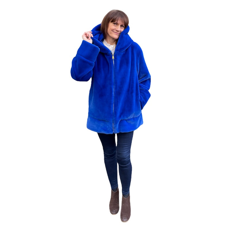 Jayley Fashion Faux Fur Oversized Hooded Jacket Blue FMHBJ495A-07H on Helen front