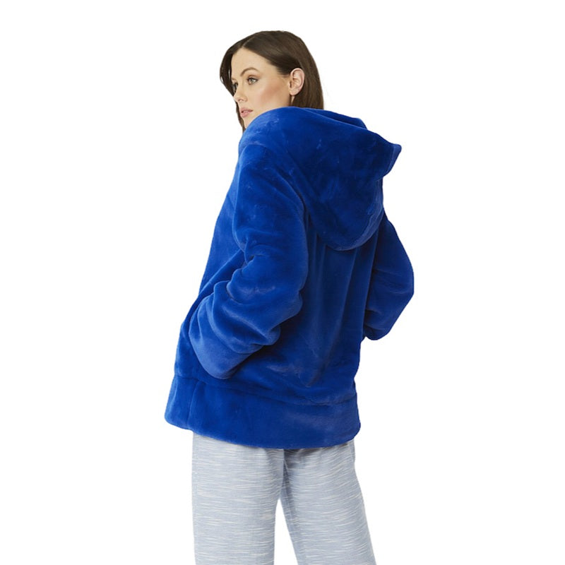 Jayley Fashion Faux Fur Oversized Hooded Jacket Blue FMHBJ495A-07H on model back