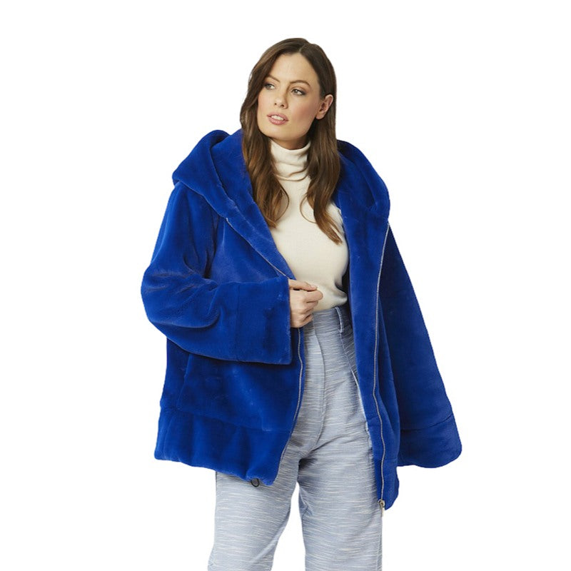 Jayley Fashion Faux Fur Oversized Hooded Jacket Blue FMHBJ495A-07H on model front