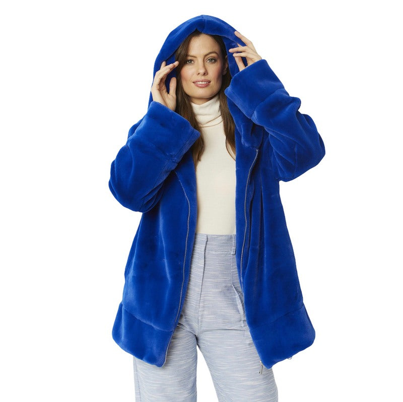 Jayley Fashion Faux Fur Oversized Hooded Jacket Blue FMHBJ495A-07H on model with hood up