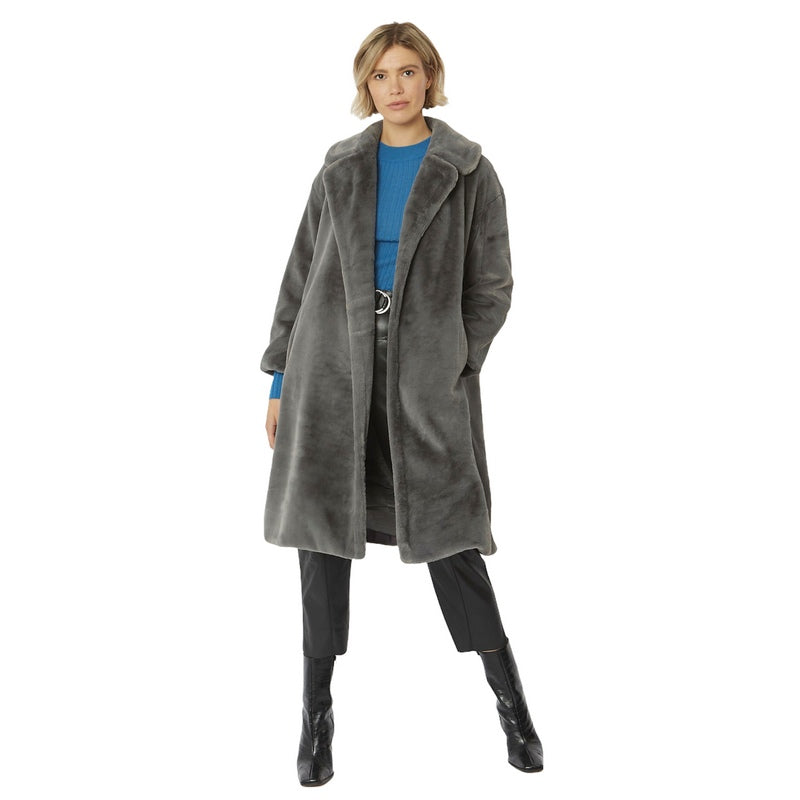 Jayley Fashion Faux Fur Shaved Shearling Coat in Grey FMCT55A-03 on model front