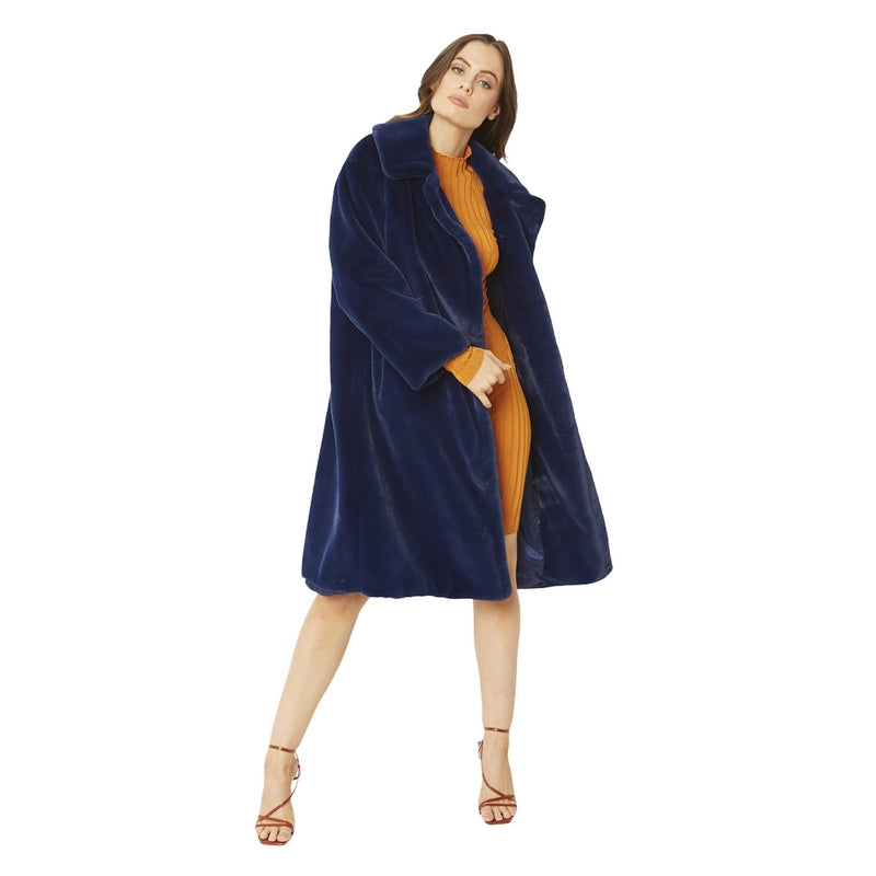 Jayley Fashion Faux Fur Shaved Shearling Coat in Navy FMCT55A-07 on model front