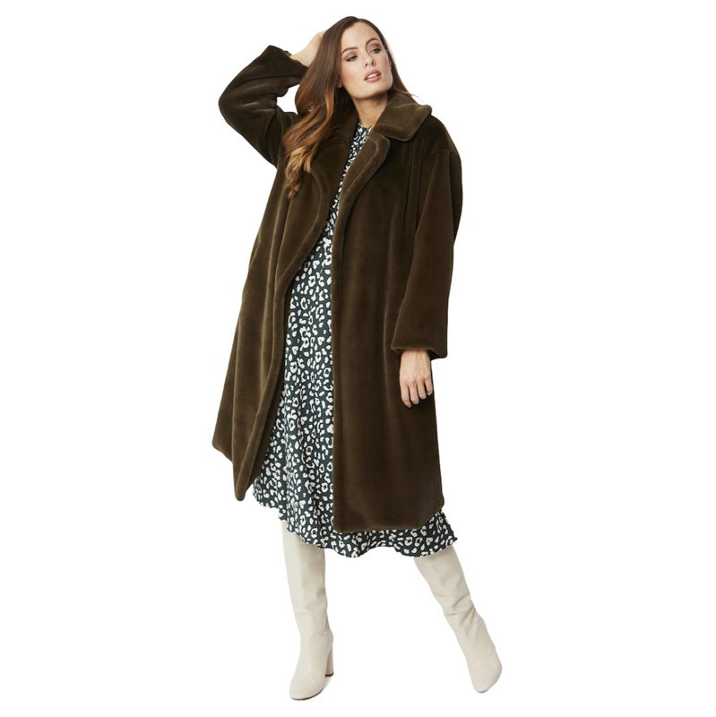Jayley Fashion Faux Shaved Shearling Coat Green FMCT55A-G07 on model front