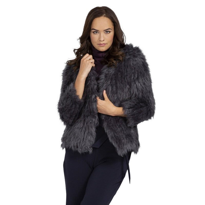 Jayley Fashion Hand Knitted Faux Fur Jacket Grey FMKNJ395A-D03 on model front