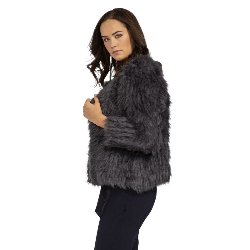 Jayley Fashion Hand Knitted Faux Fur Jacket Grey FMKNJ395A-D03 on model side