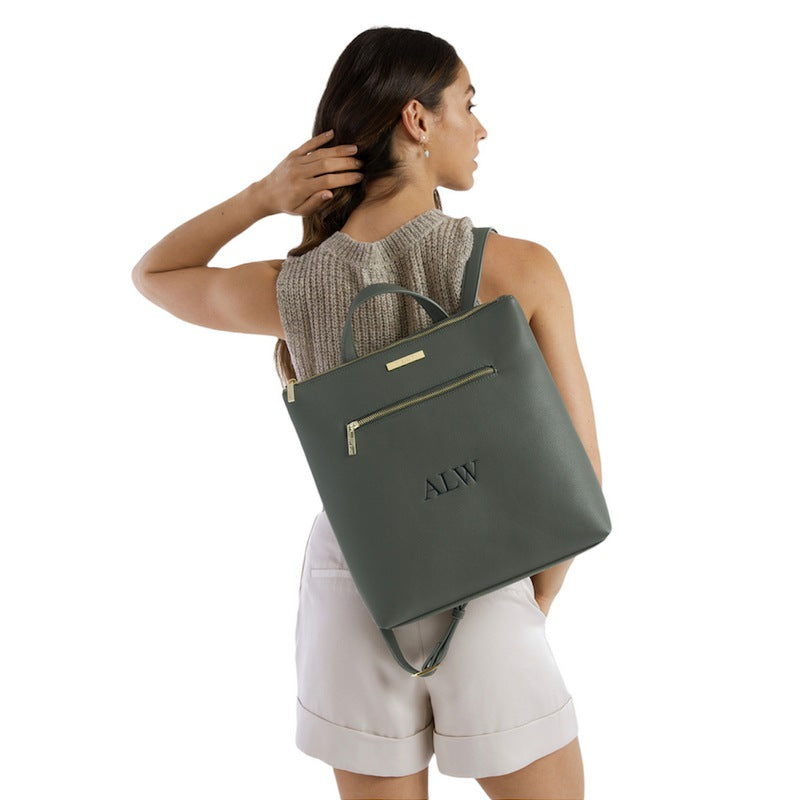 Katie Loxton Brooke Backpack Sustainable Style in Khaki KLB1593 on model