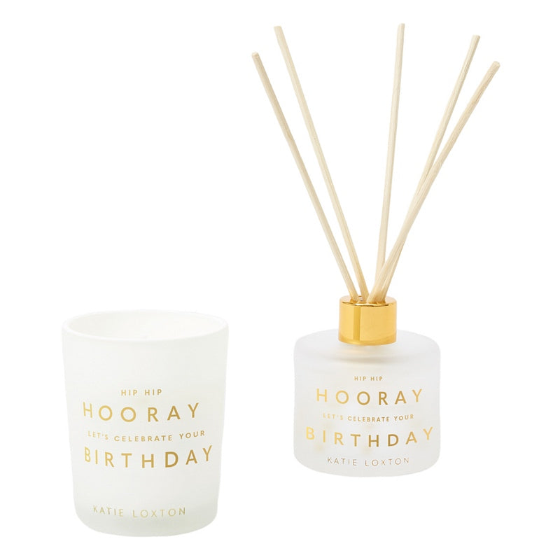 Katie Loxton Champagne & Sparkling Berry Reed Diffuser & Candle Hooray Birthday KLC293 contents