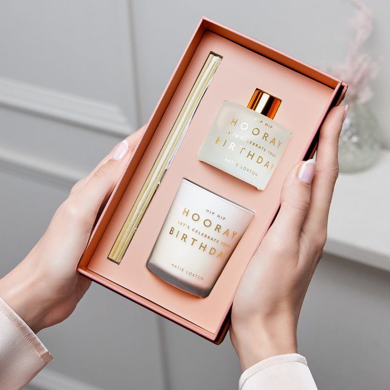 Katie Loxton Champagne & Sparkling Berry Reed Diffuser & Candle Hooray Birthday KLC293 lifestyle