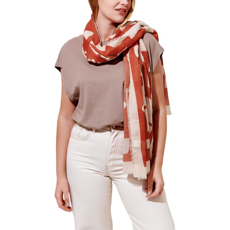 Katie Loxton Scarf Abstract Blocks in Red & Pale Pink KLS425 on model