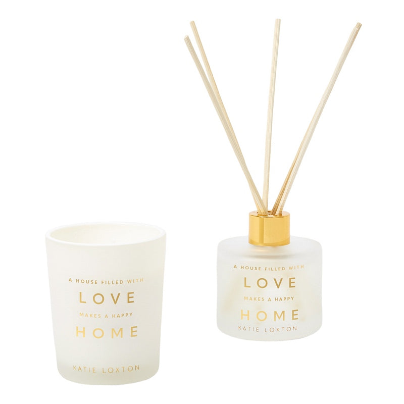 Katie Loxton White Orchid & Soft Cotton Reed Diffuser & Candle Love Makes A Happy Home KLC294 contents