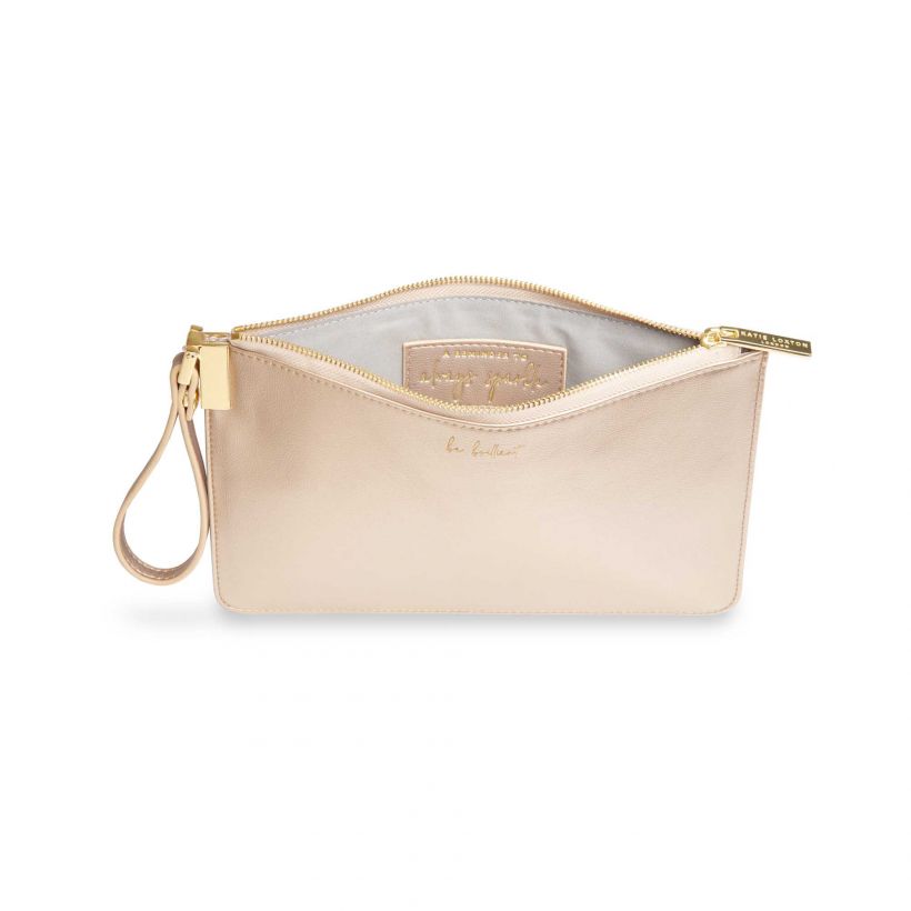 Katie Loxton Secret Message Pouch Metallic Champagne Be Brilliant KLB621 open