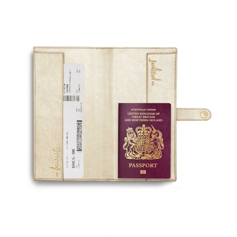 Katie Loxton Travel Wallet Metallic Champagne Live Love Adventure KLB692 filled