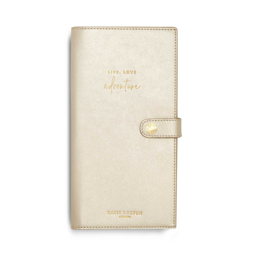 Katie Loxton Travel Wallet Metallic Champagne Live Love Adventure KLB692 front