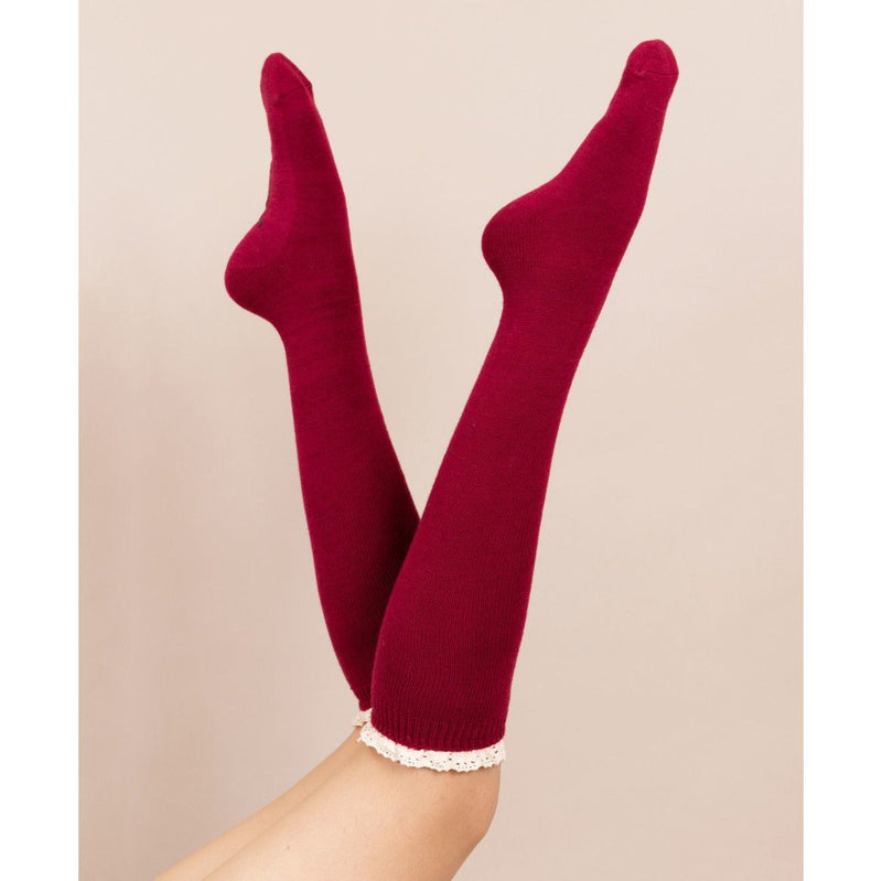 Lace Top Knee-high Socks in Raspberry on legs