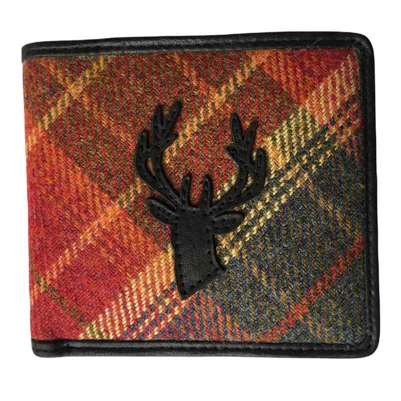 Leather Guild Stag Head Applique Wallet Glen Red Islay Tweed front