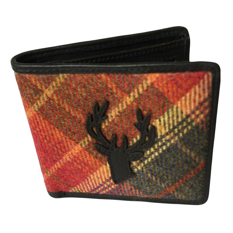Leather Guild Stag Head Applique Wallet Glen Red Islay Tweed front angled