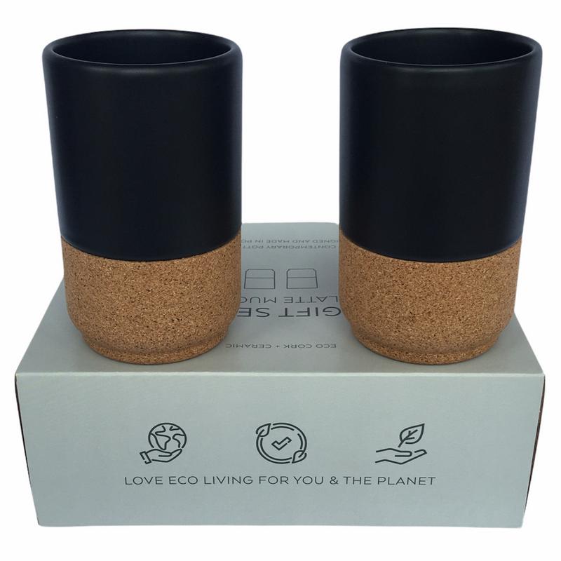 Liga Eco Living Gift Set 2 Cork & Ceramic Latte Mugs Black on box
