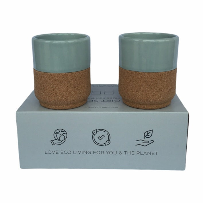 Liga Eco Living Gift Set of Two Cork Based Ceramic Mugs Aqua on box