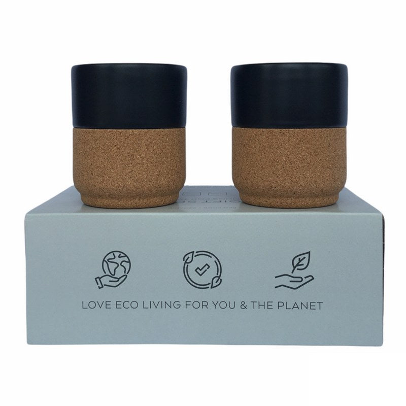 Liga Eco Living Gift Set of Two Cork Based Ceramic Mugs Black on box