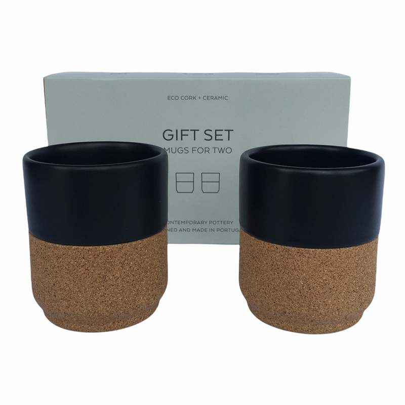 Liga Eco Living Gift Set of Two Cork Based Ceramic Mugs Black with box