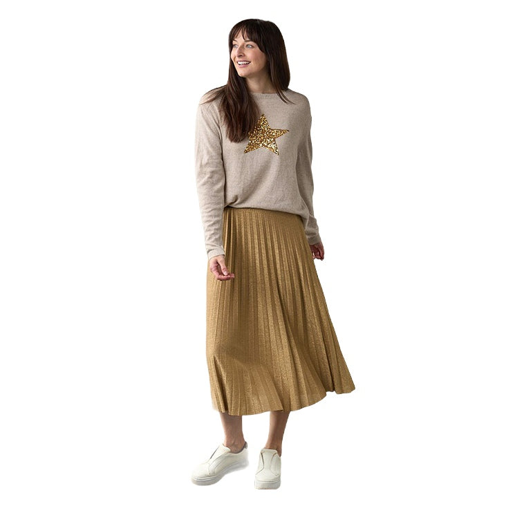 Luella Clothing Lurex Pleated Skirt Gold on model moving