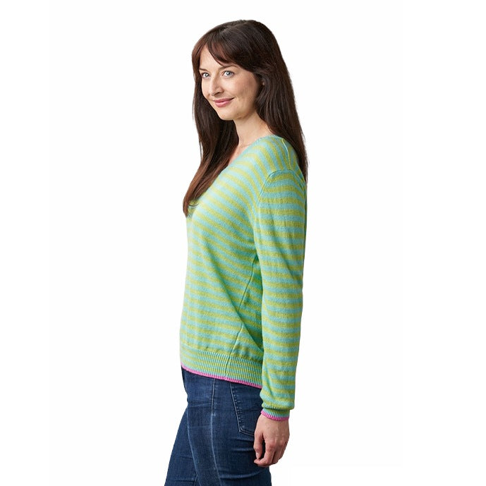 Luella Fashion Darcy Cashmere Jumper Aqua & Lime Stripes on model side