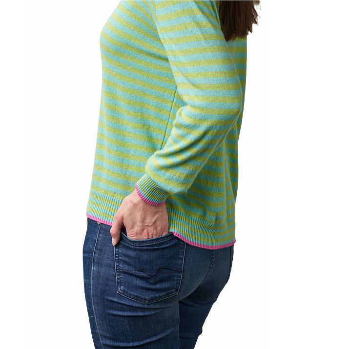 Luella Fashion Darcy Cashmere Jumper Aqua & Lime Stripes on model sleeve detail