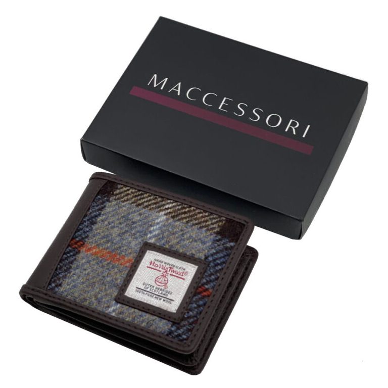 Maccessori Harris Tweed Mens Trifold Wallet Blue & Brown Check with box