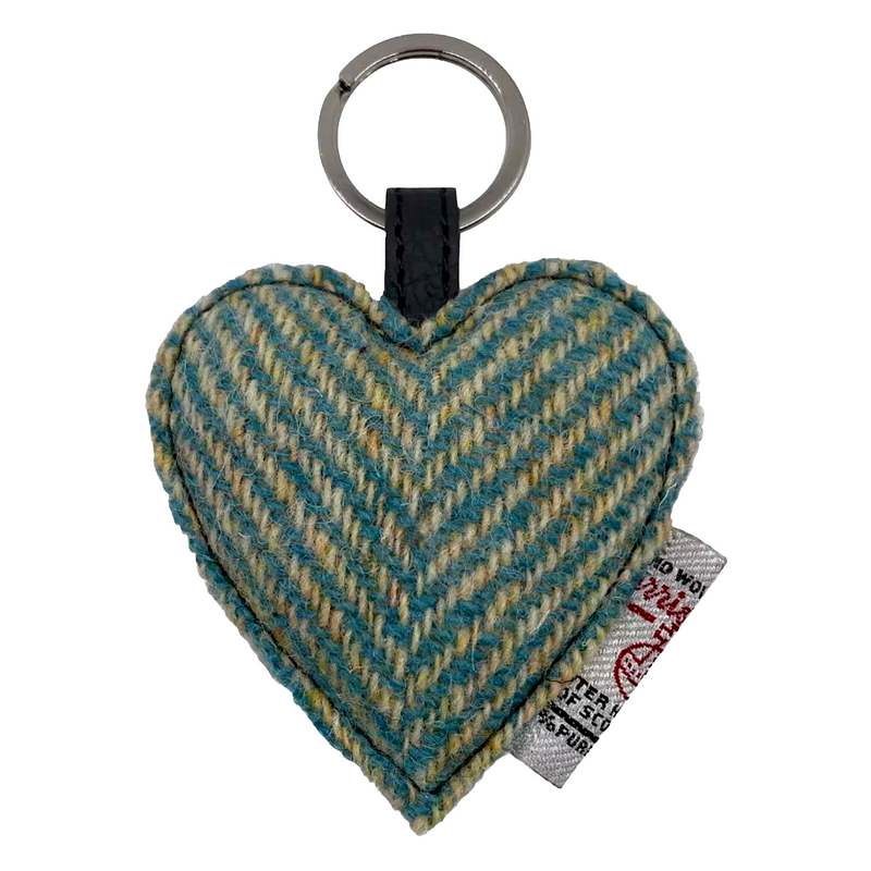 Maccessori Heart Keyring in Turquoise Herringbone Harris Tweed front