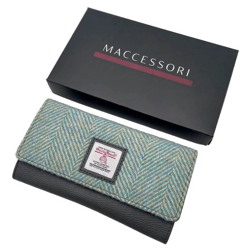 Maccessori Ladies Envelope Purse Turquoise Herringbone Harris Tweed CB3055-1904B2 with box