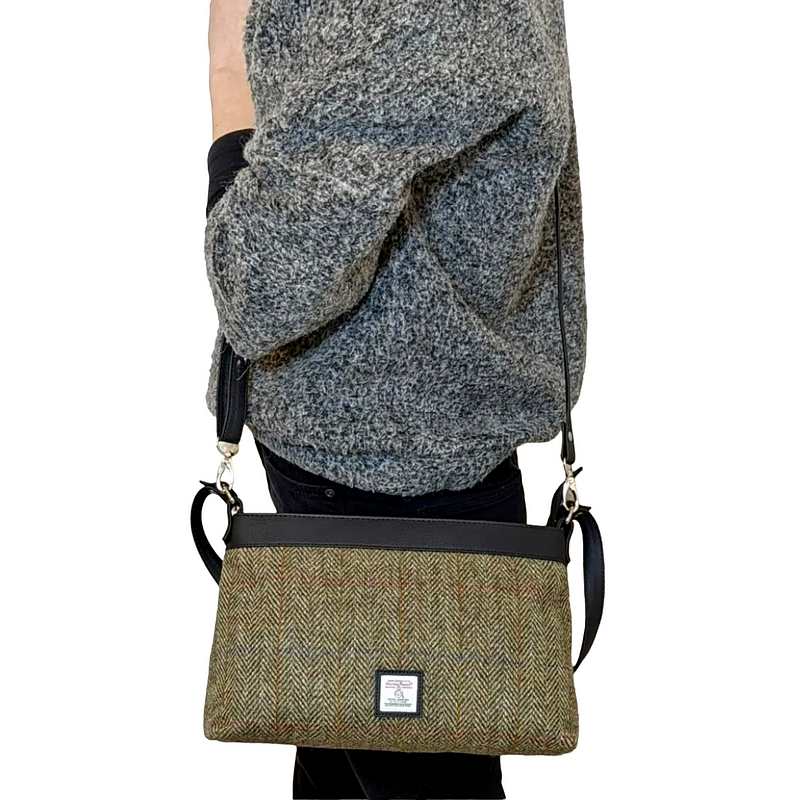 Maccessori Large Shoulder Bag Country Green Harris Tweed CB2203-C001T on model with long strap