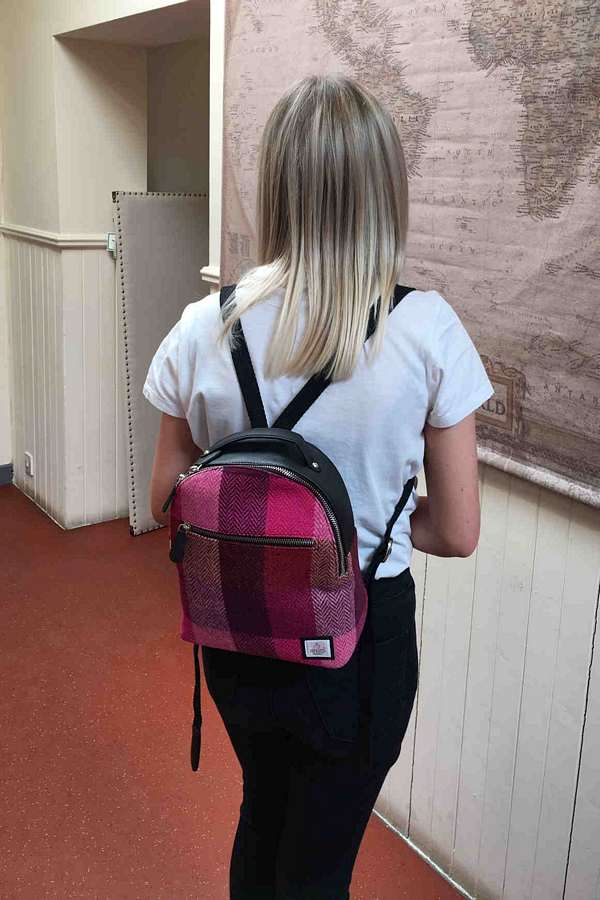 Maccessori Harris Tweed Backpack in Pink Squares on model back