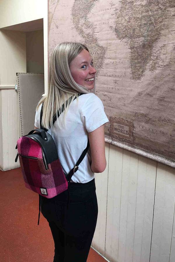 Maccessori Harris Tweed Backpack in Pink Squares on model side