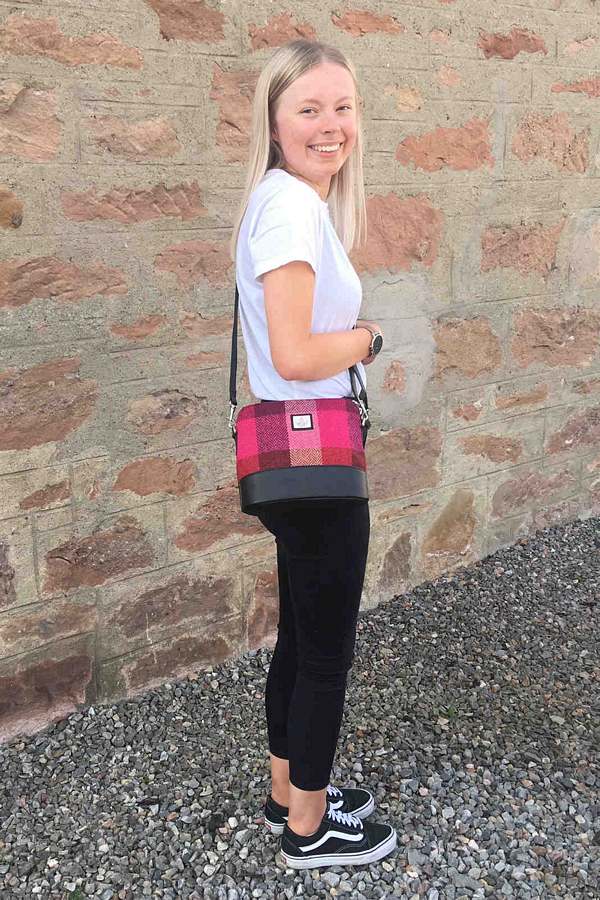 Maccessori Harris Tweed Square Shoulder Bag in Pink Squares on model