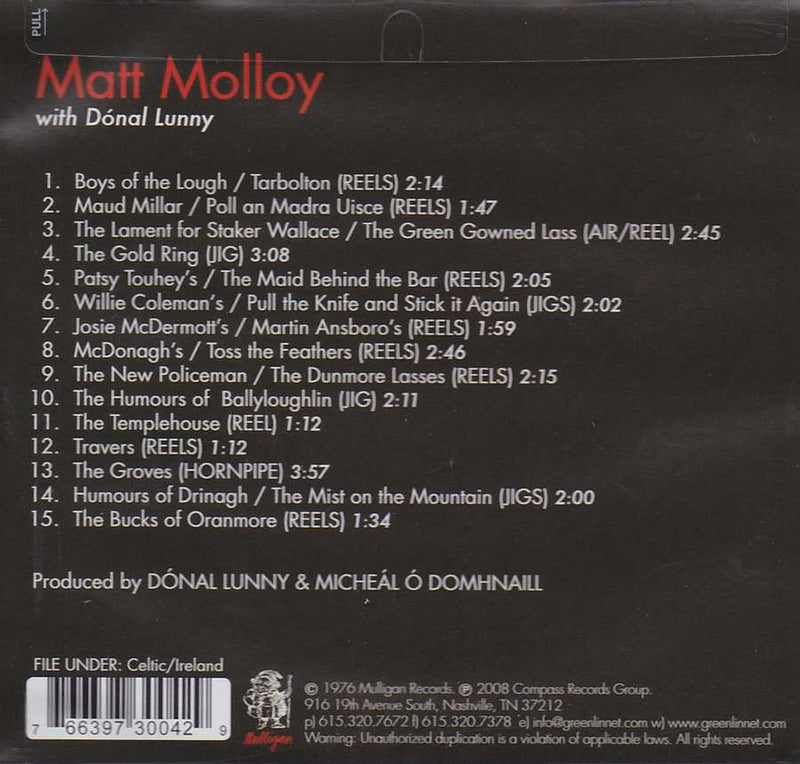 Matt Molloy - Matt Molloy LUNCD3004 track list inlay