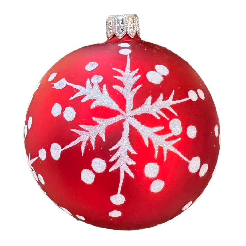 Matt Red & White Glitter Snowflake Bauble front