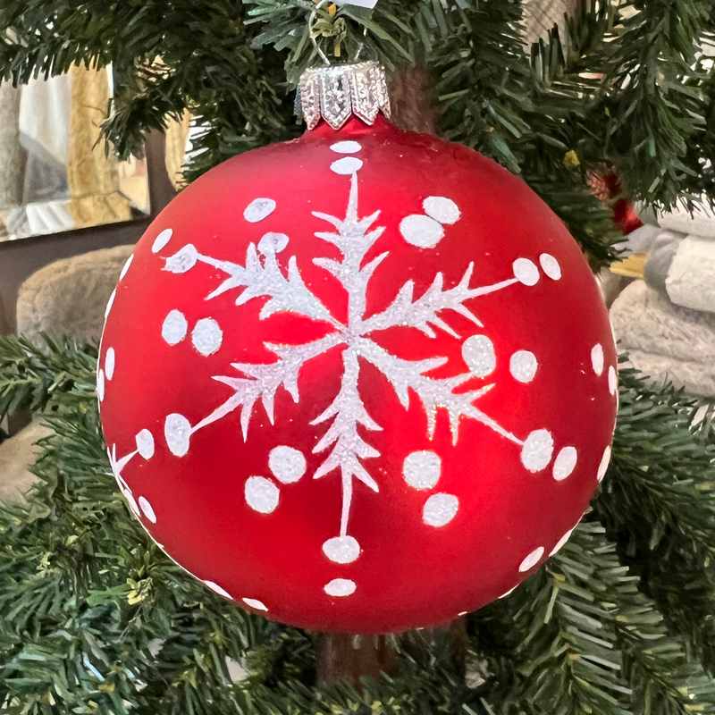 Matt Red & White Glitter Snowflake Bauble on tree