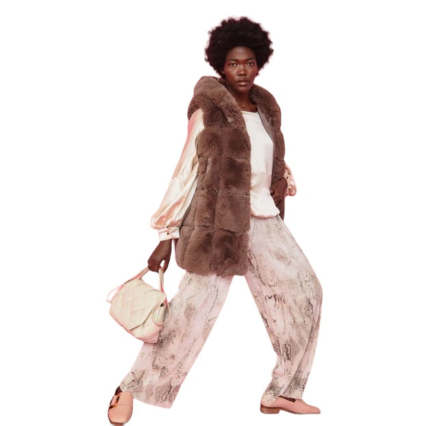 Mocha Faux Fur Long Gilet FMG55A-09 on model front 1