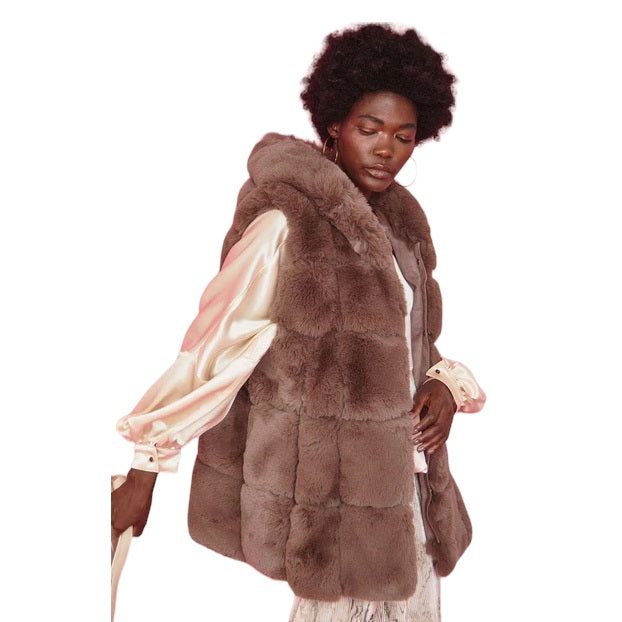 Mocha Faux Fur Long Gilet FMG55A-09 on model front close-up