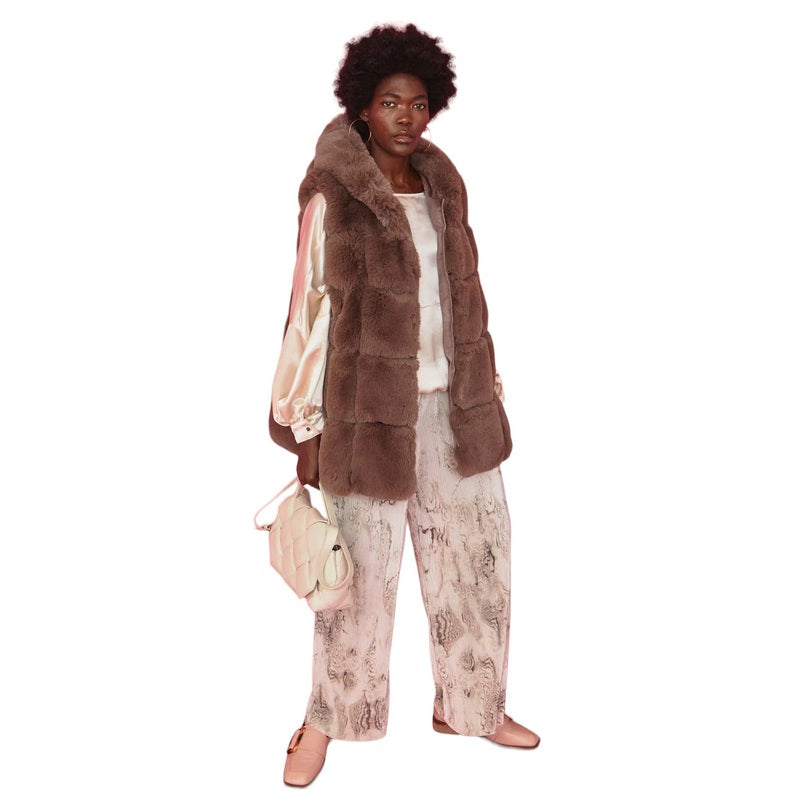 Mocha Faux Fur Long Gilet FMG55A-09 on model front 3