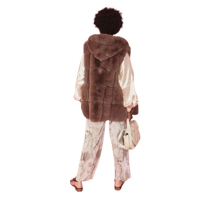 Mocha Faux Fur Long Gilet FMG55A-09 on model back