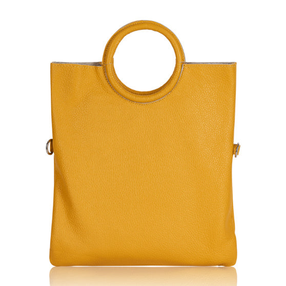 Multi-use Italian Leather Tote with Pouch in Gorse Yellow front
