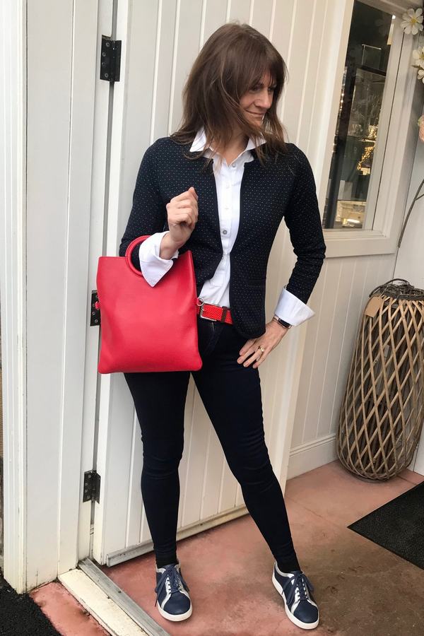 Multi-use Leather Tote with Pouch in Bright Berry on model