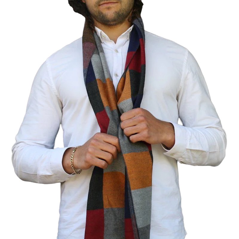 Multi-coloured Square Pattern Mens Bamboo Scarf SP726 on model