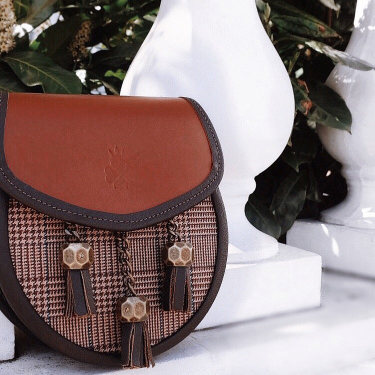 Nixey Glen Keith Tweed Sporran Handbag in Chestnut Leather with Bronze Fittings