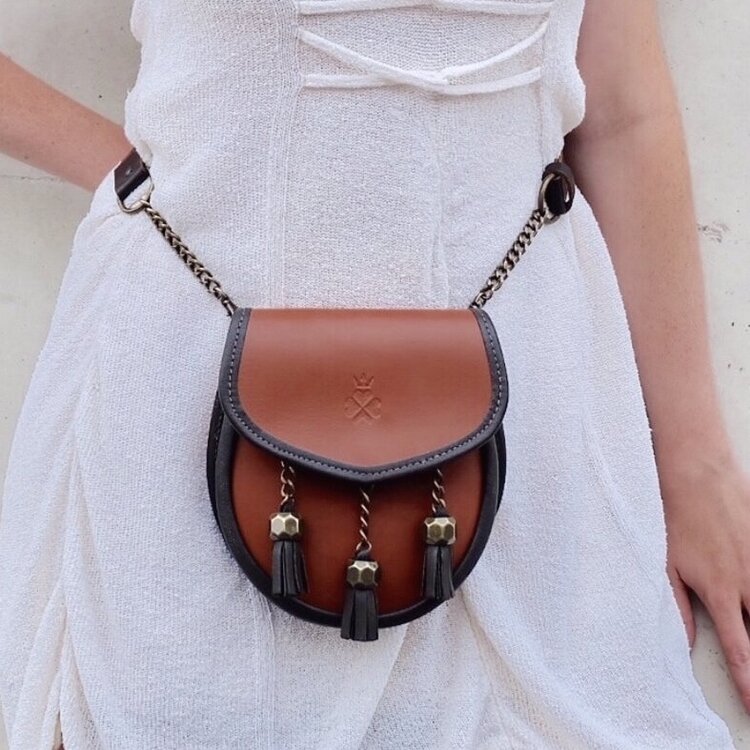 Nixey Sporran Handbag in Chestnut with Bronze Fittings On Model as Bumbag