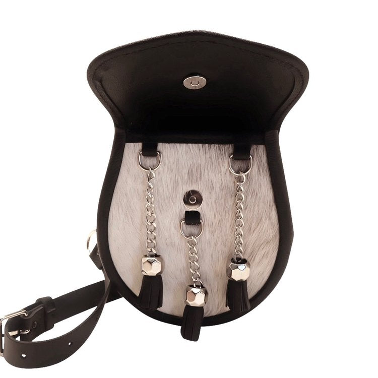 Nixey Sporran Handbag in Light Hair-on Hide in Black with Chrome Fittings open